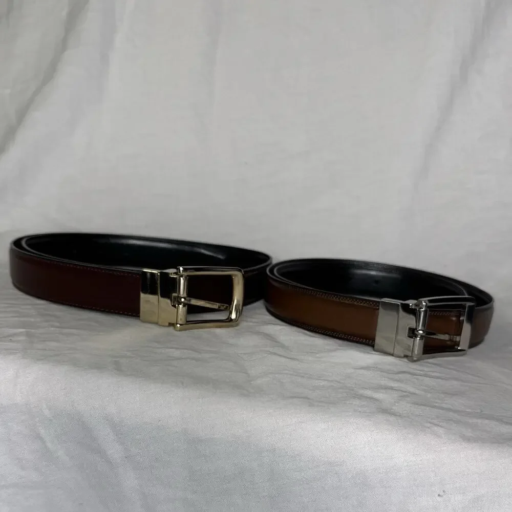 Men’s Reversible Leather Dress Belts Lot of 2 Black Brown Silver Buckle 34-36
